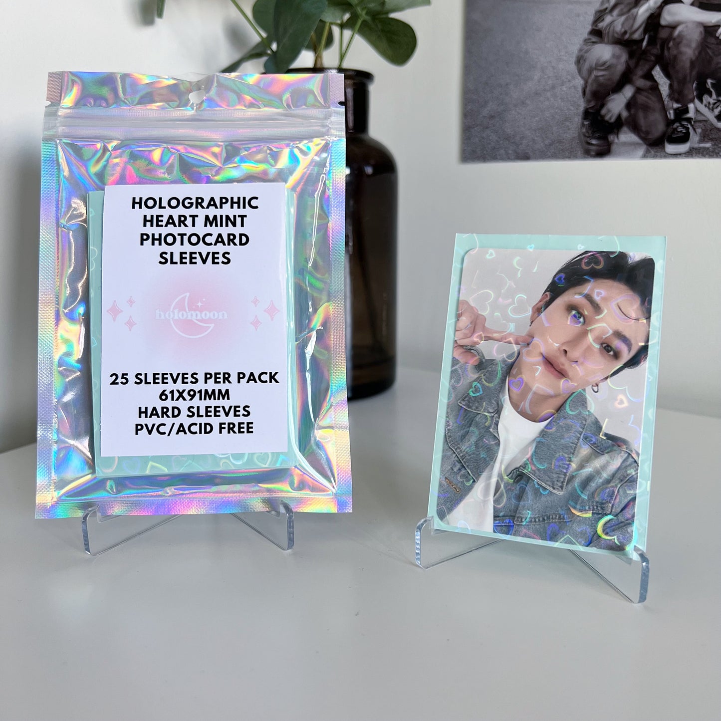 Fundas holográficas para tarjetas fotográficas en color menta con forma de corazón (paquete de 25)